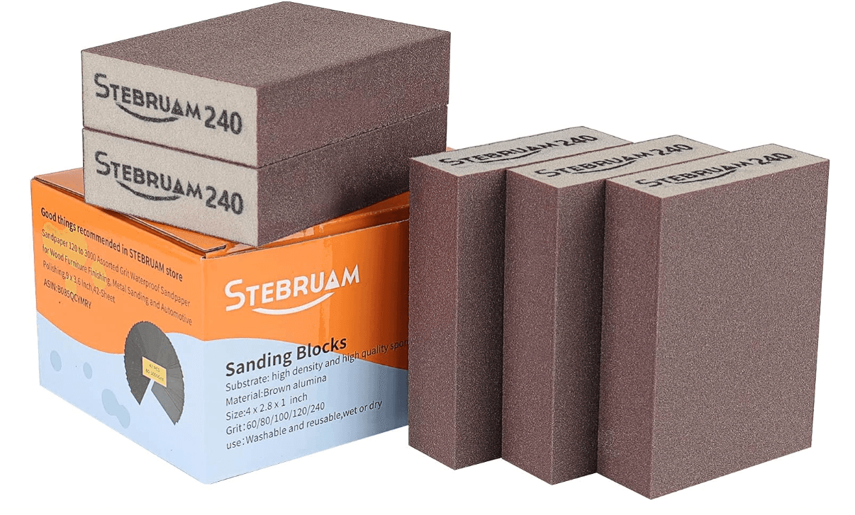 Set of Stebruam 240 sanding blocks with packaging, featuring brown alumina material.