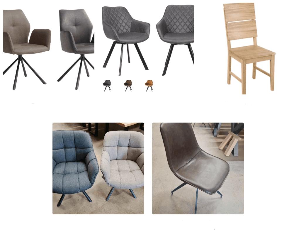 Various modern chairs including upholstered and wooden designs, displayed in different colors and arrangements.