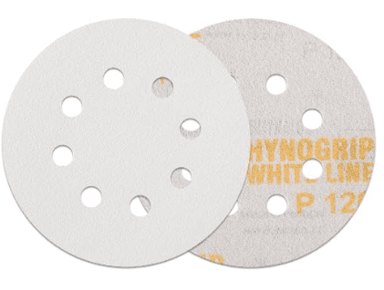 Two round sanding discs with holes, one showing abrasive surface and the other showing text P120.